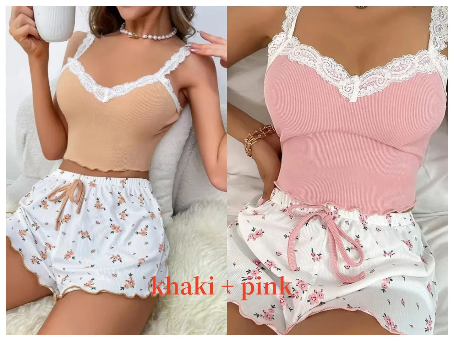 Women 2psc Pajama Set Pink Lace Patchwork V-Neck Sleepwear Nighties Suit Cami Top Printed Shorts Soft Pyjamas Loungewear