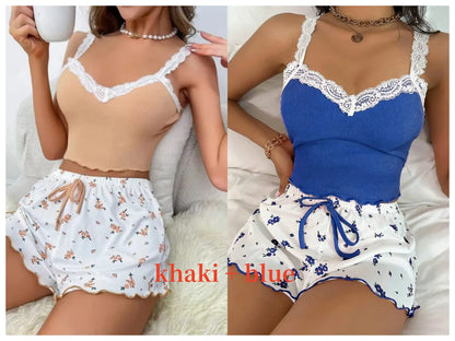 Women 2psc Pajama Set Pink Lace Patchwork V-Neck Sleepwear Nighties Suit Cami Top Printed Shorts Soft Pyjamas Loungewear