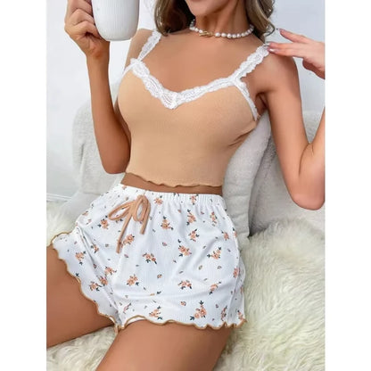 Women 2psc Pajama Set Pink Lace Patchwork V-Neck Sleepwear Nighties Suit Cami Top Printed Shorts Soft Pyjamas Loungewear