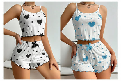 Women's Pajamas Set Sleepwear 2 PCS Short Tank Tops And Shorts S M L White Ventilate Soft Casual Love Printing